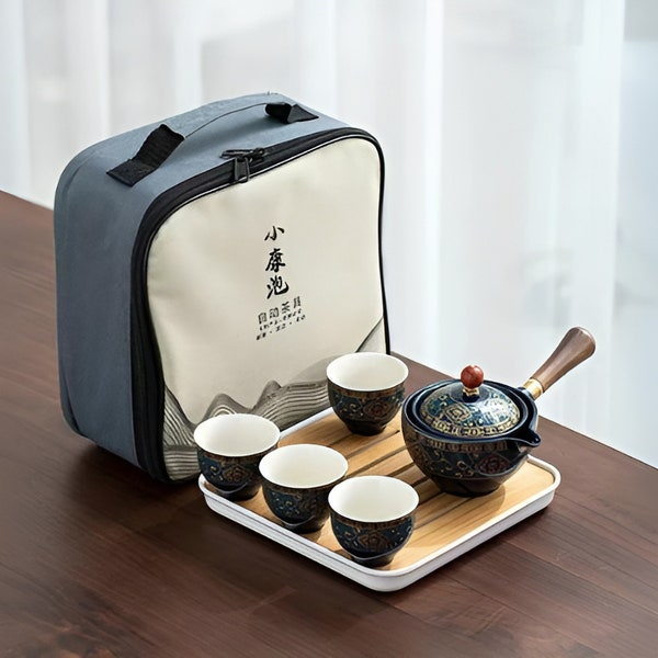 Chinese Tea Set with Rotating Teapot - Portable Tea Travel Kit, Ceramic Tea Maker Infuser with Tea Cup, Gongfu Style, Teapot Tea Infuser
