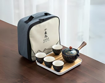 Chinese Tea Set with Rotating Teapot - Portable Tea Travel Kit, Ceramic Tea Maker Infuser with Tea Cup, Gongfu Style, Teapot Tea Infuser