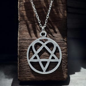 Heartagram Necklace, HIM Band Symbol Pendant, Gothic Love Jewelry, Unique Gift for Rock Fans, Silver and Black Enamel Design