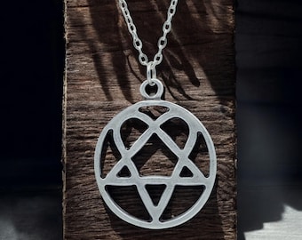 Heartagram Necklace, HIM Band Symbol Pendant, Gothic Love Jewelry, Unique Gift for Rock Fans, Silver and Black Enamel Design