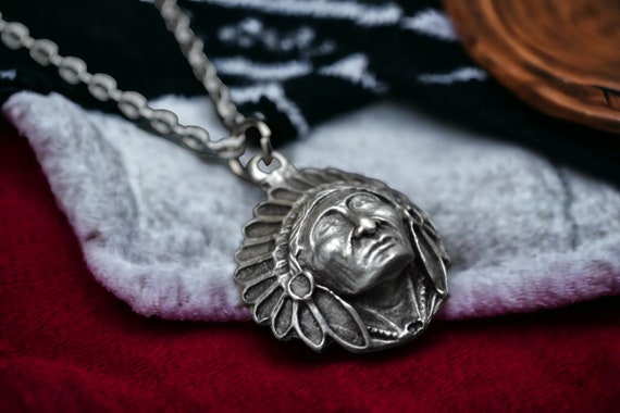 Apache Indian Chief Necklace, Silver-plated Tribal Warrior Pendant