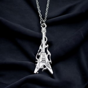Fire Electro Guitar Necklace, Silver-Plated Instrument Pendant, Music Themed Jewelry, Perfect Gift for Music Lovers