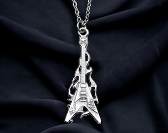 Fire Electro Guitar Necklace, Silver-Plated Instrument Pendant, Music Themed Jewelry, Perfect Gift for Music Lovers