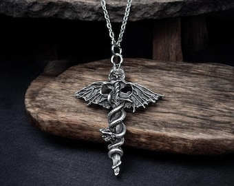 Dragon Wing Sword Necklace - Snake Wrapped Sword Pendant - Mystical Warrior Jewelry - Unisex Silver-Plated Charm