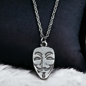 V for Vendetta Necklace - Guy Fawkes Mask - Symbol of Rebellion and Justice - Unisec Silver Plated Necklace - Gift for Him and Her