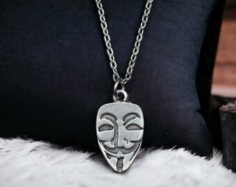 V for Vendetta Necklace - Guy Fawkes Mask - Symbol of Rebellion and Justice - Unisec Silver Plated Necklace - Gift for Him and Her