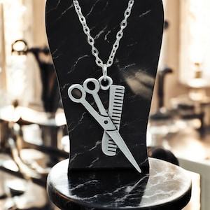 Scissors and Comb Necklace, Barber Necklace, Hairdresser Gift, Stylist Gift, Hair Salon Pendant, Silver-Plated Charm for Hair Professionals
