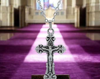 Jesus Christ Cross Necklace, Silver Plated Crucifix Pendant, Christian Faith Jewelry, Religious Gift for Men and Women