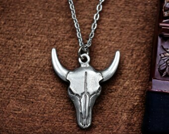 Western Bull Skull Necklace - Chicago Bulls Necklace - Boho Cow Skull Pendant Jewelry - Birthday Gift for Him