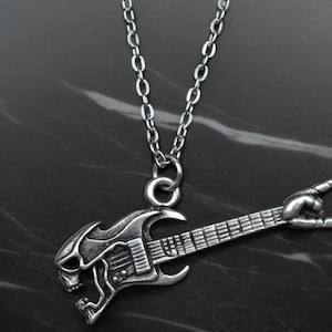 Skull Electro Guitar Necklace - Silver-Plated Gothic Pendant - Rocker Jewelry - Perfect Gift for Music Lovers and Rock Fans