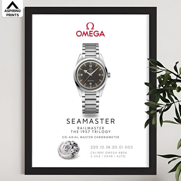 Omega Seamaster Railmaster poster, Vintage Omega chronometer luxury watch Print, Swiss wrist watch home décor, Railway men's automatic watch