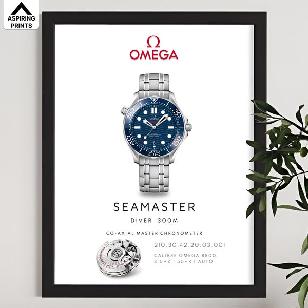 Omega Seamaster diver 300 poster, Vintage Omega chronometer luxury watch Print, Swiss wrist watch home décor, Scuba diving automatic watch