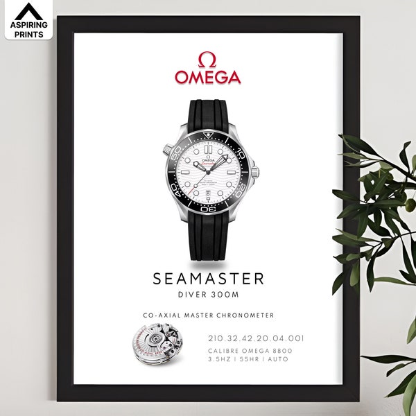 Omega Seamaster Diver 300 poster, Vintage Omega chronometer luxury watch Print, Swiss wrist watch home décor, Scuba diving automatic watch