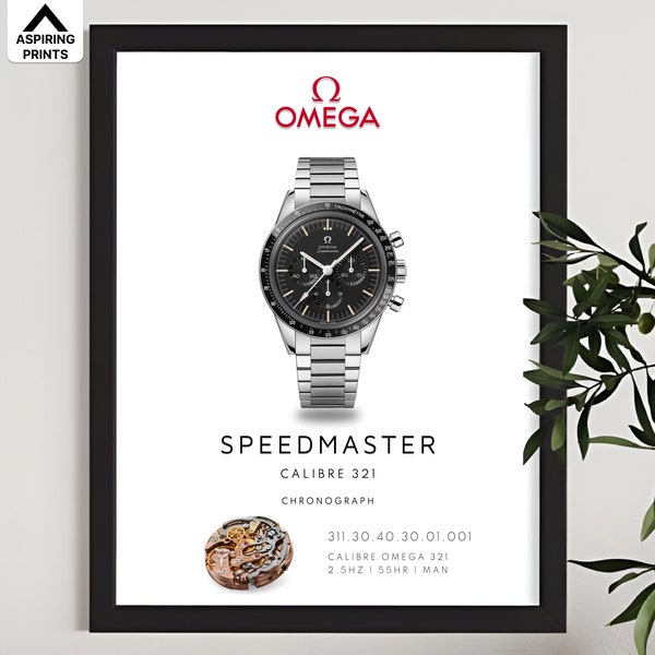 Omega Speedmaster Moonwatch Calibre 321 poster, Vintage Omega chronograph luxury watch print, Swiss watch art, Space exploration chronometer