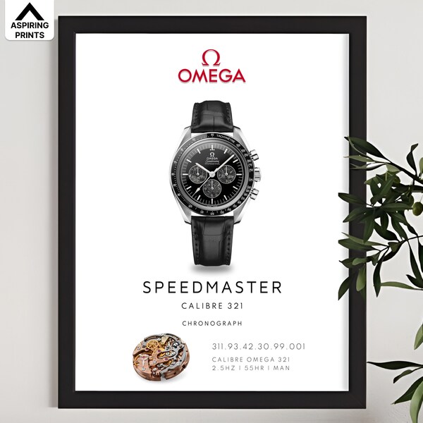 Omega Speedmaster Moonwatch Calibre 321 poster, Vintage Omega chronograph luxury watch print, Swiss watch art, Space exploration chronometer