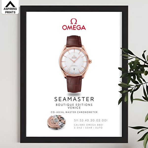 Omega Seamaster Venice poster, Vintage Omega chronometer luxury watch Print, Swiss wrist watch décor, Iconic destinations automatic watch