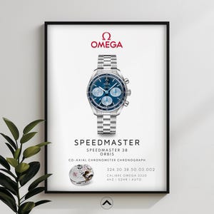 Omega Speedmaster 38 watch artwork, Omega poster luxury watch decor, Swiss timepiece horology wall art, Minimalist watch illustration 23029