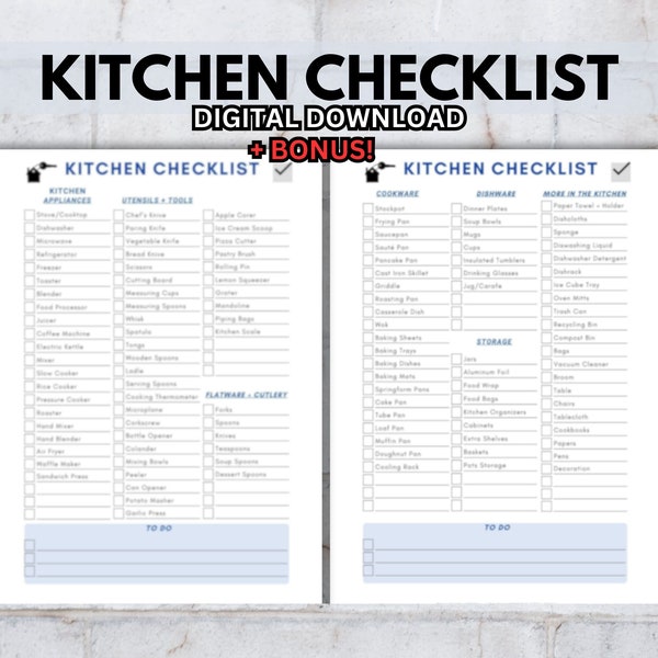 Printable Kitchen Checklist for Home Inventory, Moving Checklist, List with Kitchen Essentials, Kitchen Must Have List, Digital Download