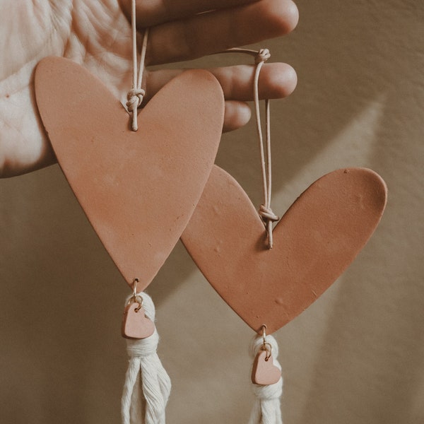 Valentines/Love Day Inspired Heart Clay Wall Hanging | Galentines Gift | Friendship Gift | Terracotta Clay Car Charm with Fringe