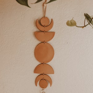 Luna Phase | Moon Phase Clay Wall Hanging | Celestial Wall Decor | Bohemian Aesthetic | Crescent Moon | Brass Fringe Accent
