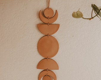 Luna Phase | Moon Phase Clay Wall Hanging | Celestial Wall Decor | Bohemian Aesthetic | Crescent Moon | Brass Fringe Accent