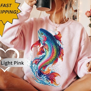 Whimsical Cottagecore Rainbow Trout 3D Faux Embroidered,Fish Graphic Crewneck Unisex Sweatshirt,Unique Fishing Gift for Friend