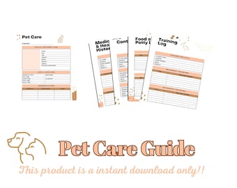 5 Page Digital Download Pet Care Guide | Printable Medical, Training and Contact Information Pages. Pet Records.