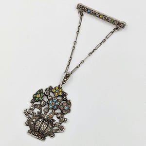 Antique Sterling Silver Pin with Pastel Paste Stones Potted Flowers Hanging Chain Brooch