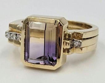 Ametrine Diamond 14K Yellow Gold Amethyst Citrine Purple Yellow Gemstone Contemporary Geometric Couture Ring