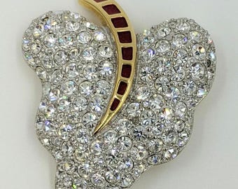 Spectacular 1980's Pave Rhinestone Leaf Pin with Red Enamel Brooch