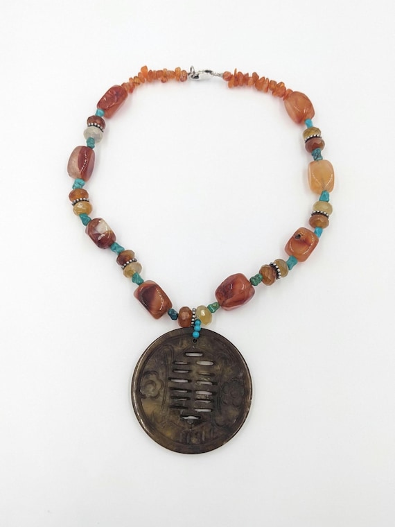 Vintage 1990s Carnelian Turquoise Sterling Silver Gemstone Asian Necklace