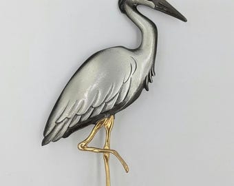 Spilla a forma di cicogna in peltro Shields, spilla vintage bicolore a forma di uccello