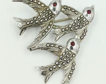 Art Deco Antique Sterling Silver Marcasite Three Bird Trinity Red Cabochon Pin Brooch