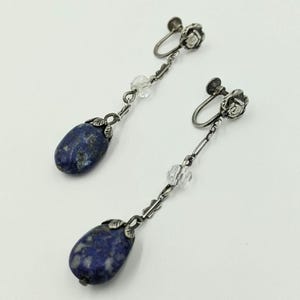 1920&#39;s Lapis Lazuli Antique Rock Crystal Sterling Silver Screw Back Dangling Earrings