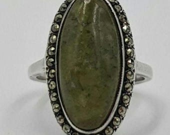 Sterling Silver Marcasite Green Jasper Serpentine Epidote Vintage Gemstone Ring