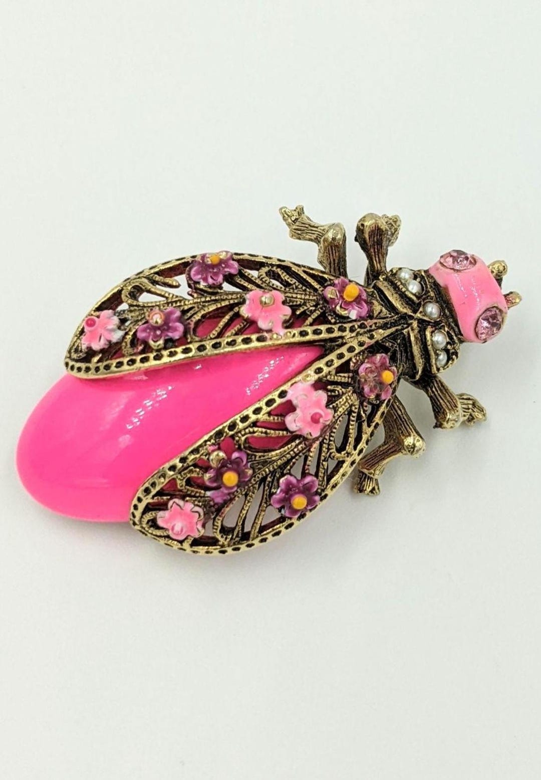 1960's Arthur Pepper Art Neon Pink Brooch Enamel Rhinestone Flower Bug ...