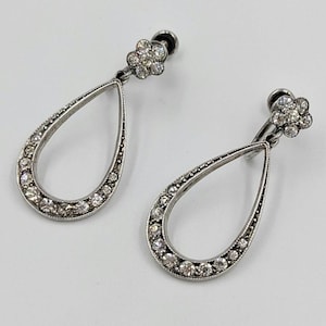 Art Deco Sterling Silver Paste Antique Flower Teardrop Screw Back Rhinestone Earrings