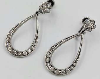 Art Deco Sterling Silver Paste Antique Flower Teardrop Screw Back Rhinestone Earrings