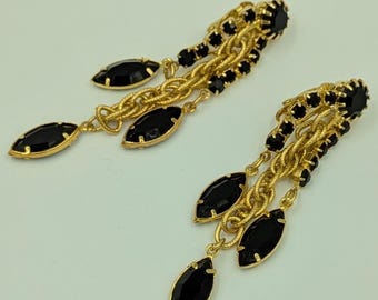 Hobe Vintage Mid Century Black and Gold Rhinestone Designer Clip Earrings with Original Tag