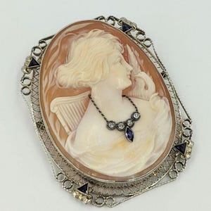 Exquisite Antike 14K Weißgold Diamant Sapphire Cameo Pin Habille Anhänger 1920er 1930er Jahre Brosche