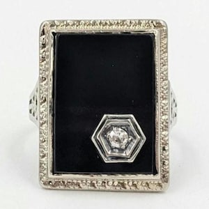 Antiker 1920er Art Deco 14K Weißgold Diamant Onyx Edelstein Ring