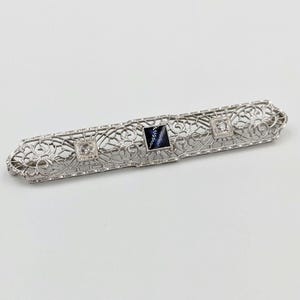 14K White Gold Diamond Sapphire Filigree Antique Art Nouveau Brooch Fleur De Lis Pin