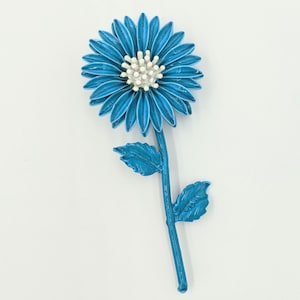 Brigh Blue Mid Century Brooch Teal Enamel Flower Pin by Designer Jeanne MCM Mod