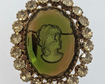 Warner Vintage Designer Cameo Brooch Rhinestone Pin with Color Changing Glass
