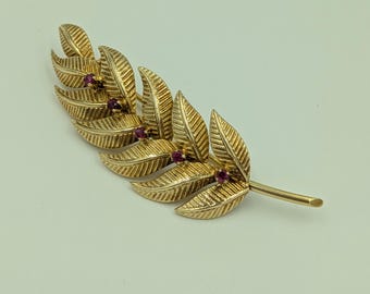 18k Gold Tiffany & Co. Ruby Gemstone Leaf Pin Textured Designer Brooch