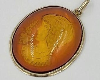 14K Gold Baltic Amber Intaglio Cameo Antique Pendant