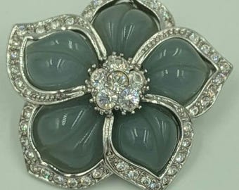 Vintage Nolan Miller 1980s Rhinestone Blue Flower Sparkling Designer Pendant with Original Box