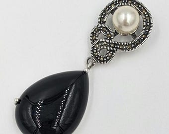 Sterling Silver Marcasite Faux Onyx Black Stone Pendant with Faux White Pearl