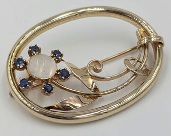 Spilla in oro 14 carati con pietra di luna e zaffiro degli anni '40, spilla firmata degli anni '40 e '50