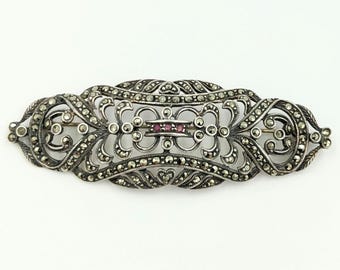 Vintage Judith Jack Sterling Silver Marcasite Red Gemstone Antique Syle Brooch JJ Pin